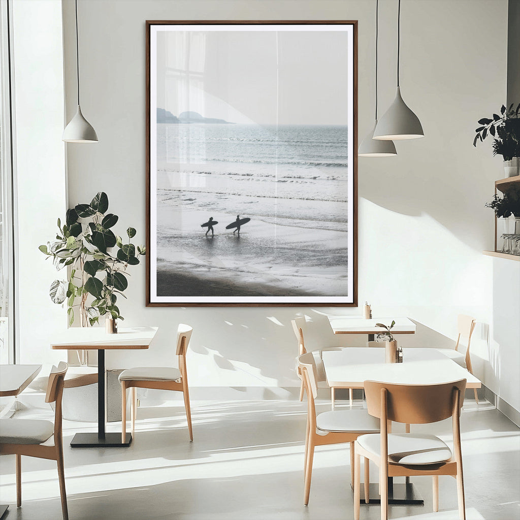 Surfer Silhouettes Wall Art Canvas Print, Framed Minimalist Ocean Art, Soft Horizon Coastal Decor