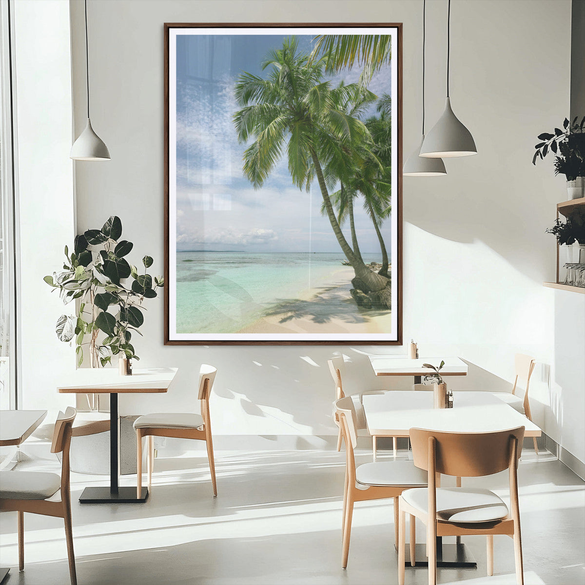 Tropical Beach Palm Trees Canvas Print, Framed Island Coastal Wall Art Ocean Horizon
