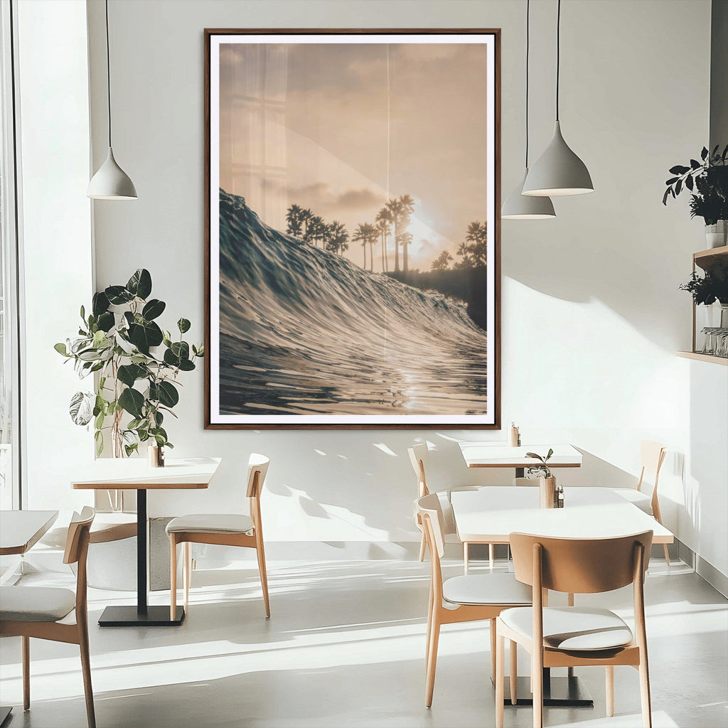 Sunset Wave Ocean Wall Art | Framed Palm Tree Canvas