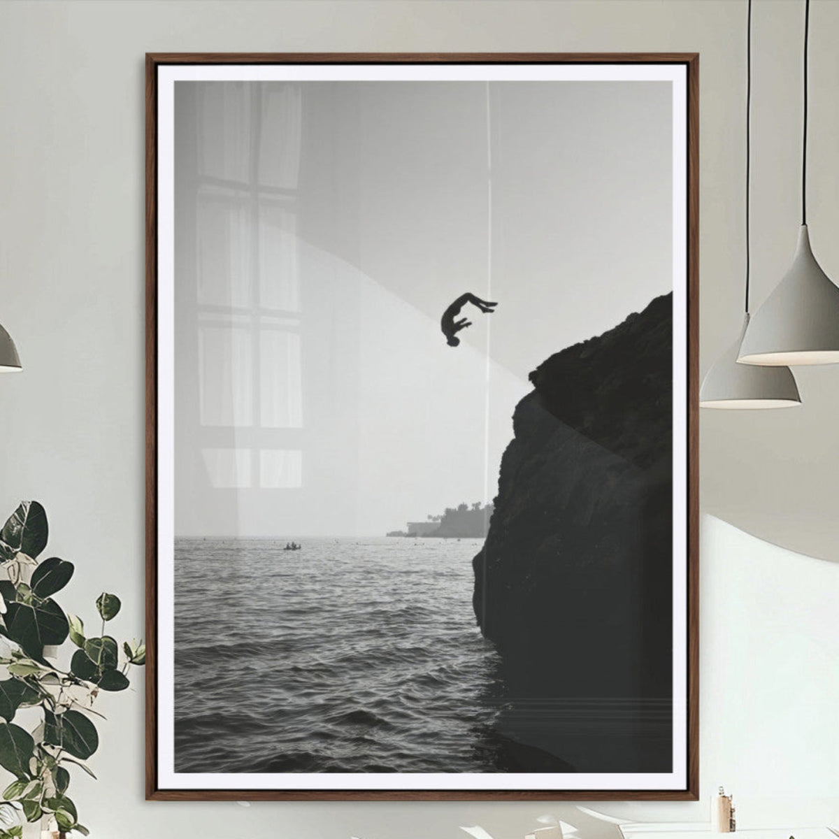 Silhouette Cliff Diver Wall Art | Framed Black White Ocean Canvas