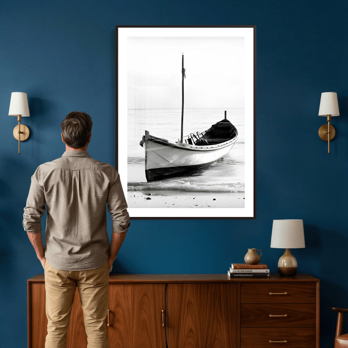 Minimal Boat Wall Art Canvas Print | Black and White Coastal Photography