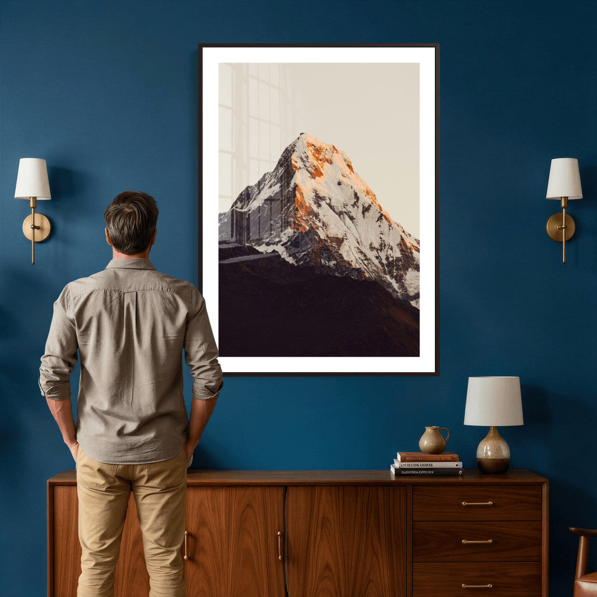 Golden Peak Mountain Wall Art Canvas Print, Minimal Alpine Landscape