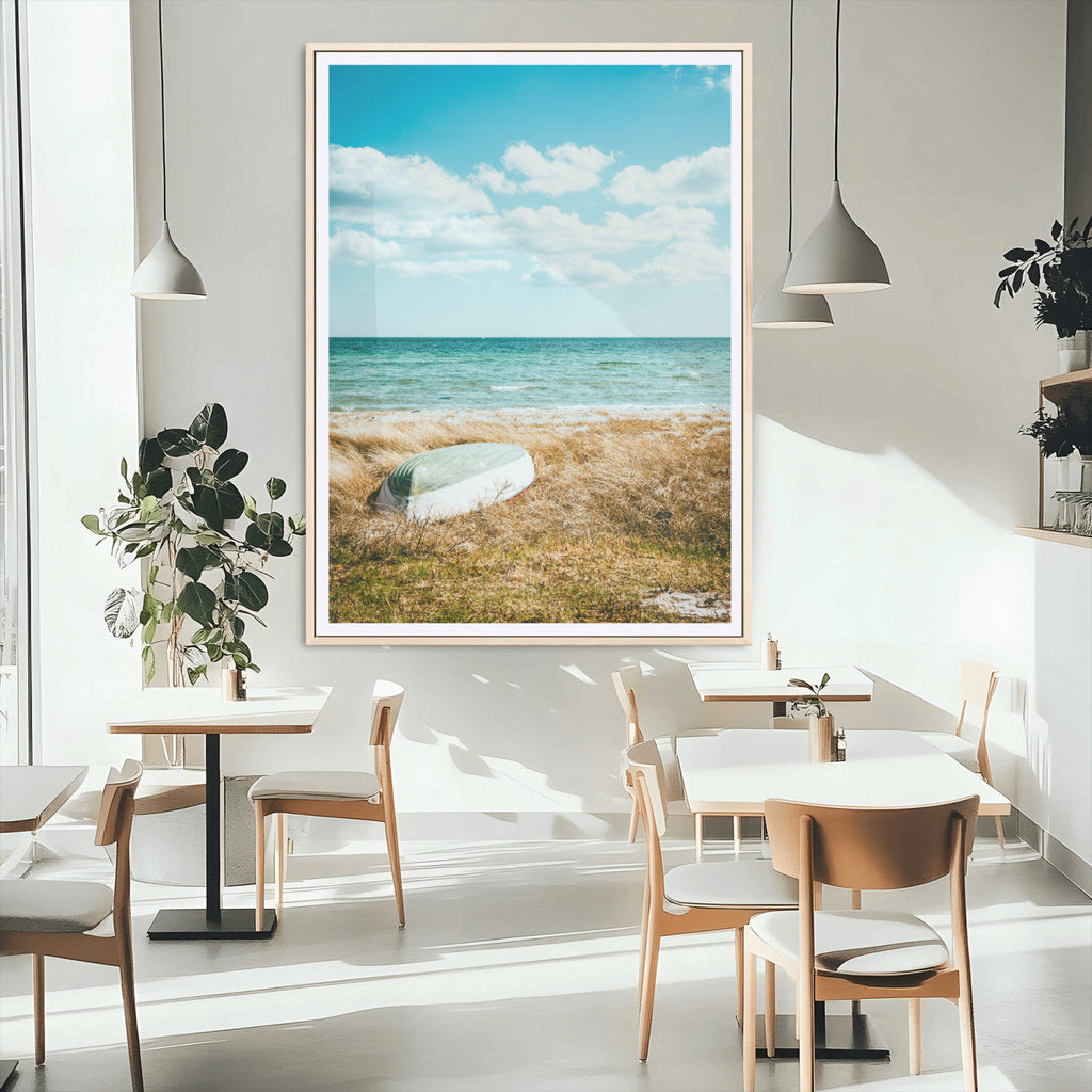 Coastal Serenity Wall Art Canvas Print, Framed Ocean View Art, Rustic Boat Nautical Coastal Decor