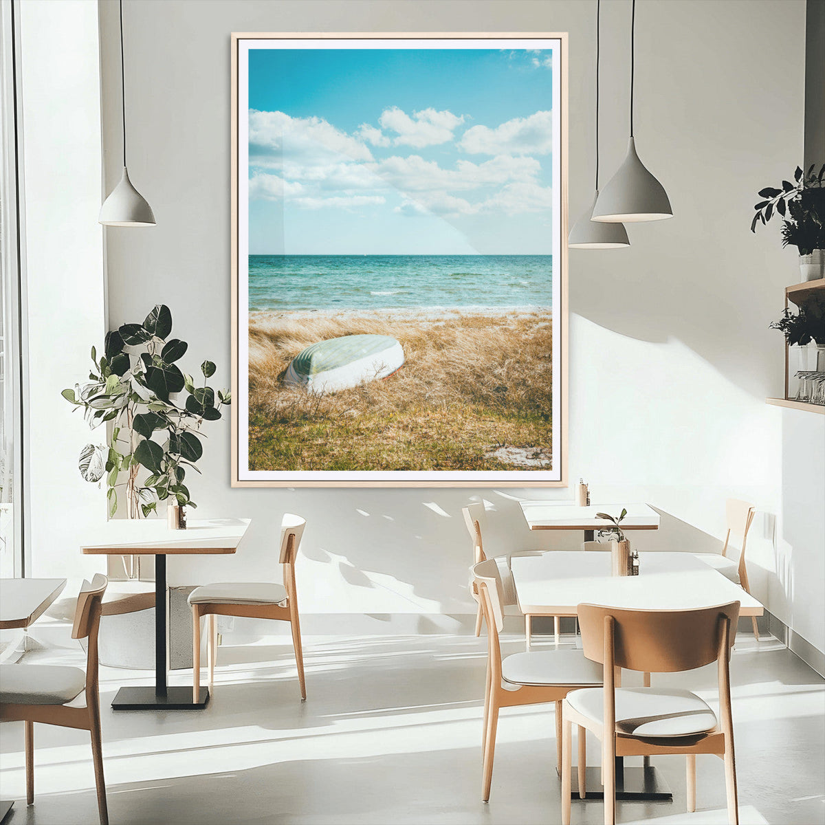 Coastal Serenity Wall Art Canvas Print, Framed Ocean View Art, Rustic Boat Nautical Coastal Decor