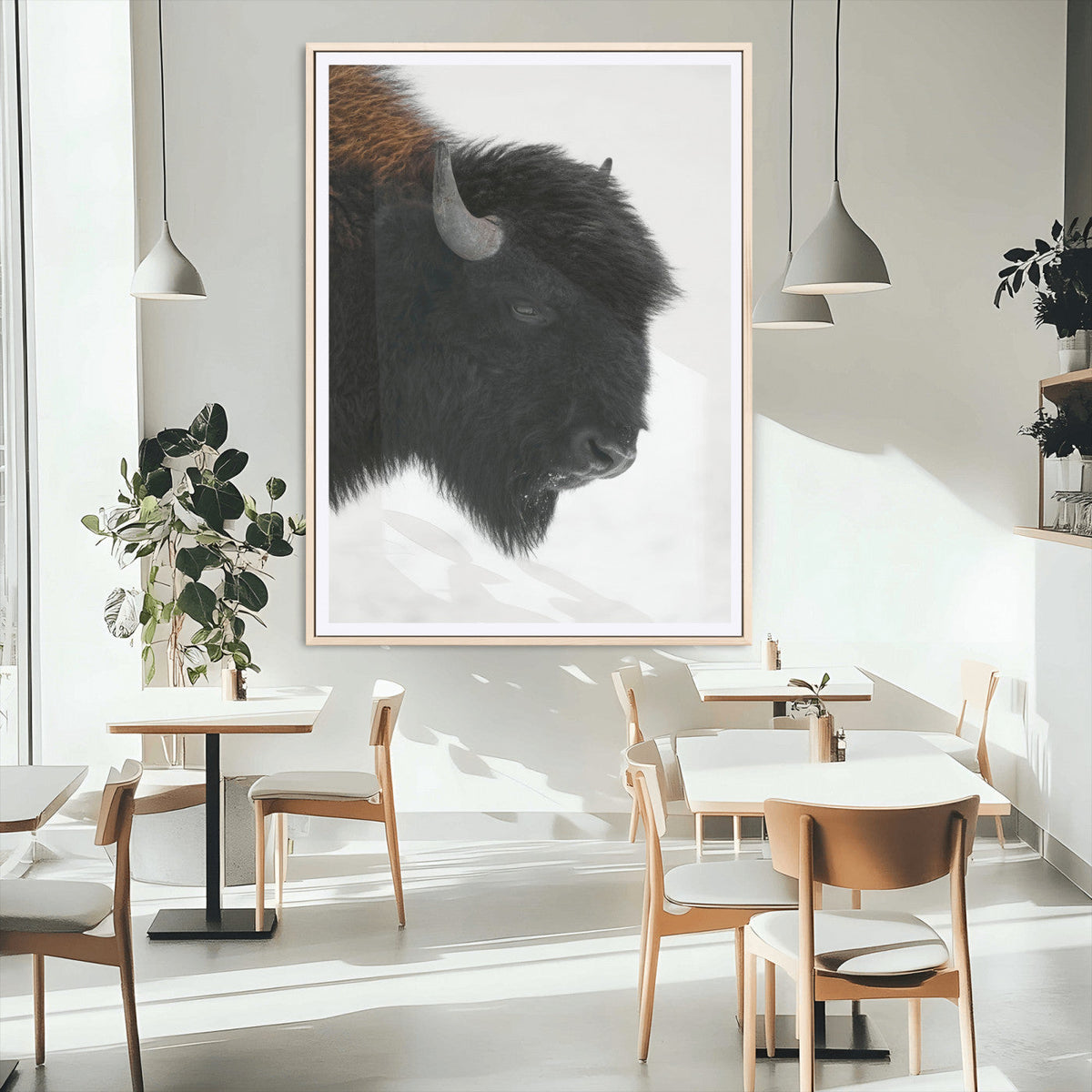 Western Rustic Wall Art Canvas Print, Framed Black and White Buffalo Photography, Wildlife Country Decor