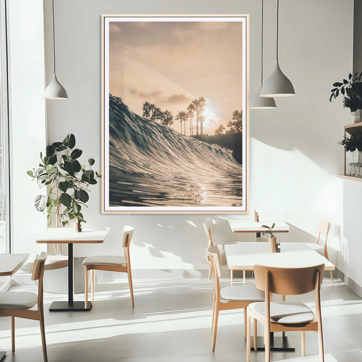 Sunset Wave Ocean Wall Art | Framed Palm Tree Canvas