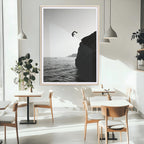 Silhouette Cliff Diver Wall Art | Framed Black White Ocean Canvas