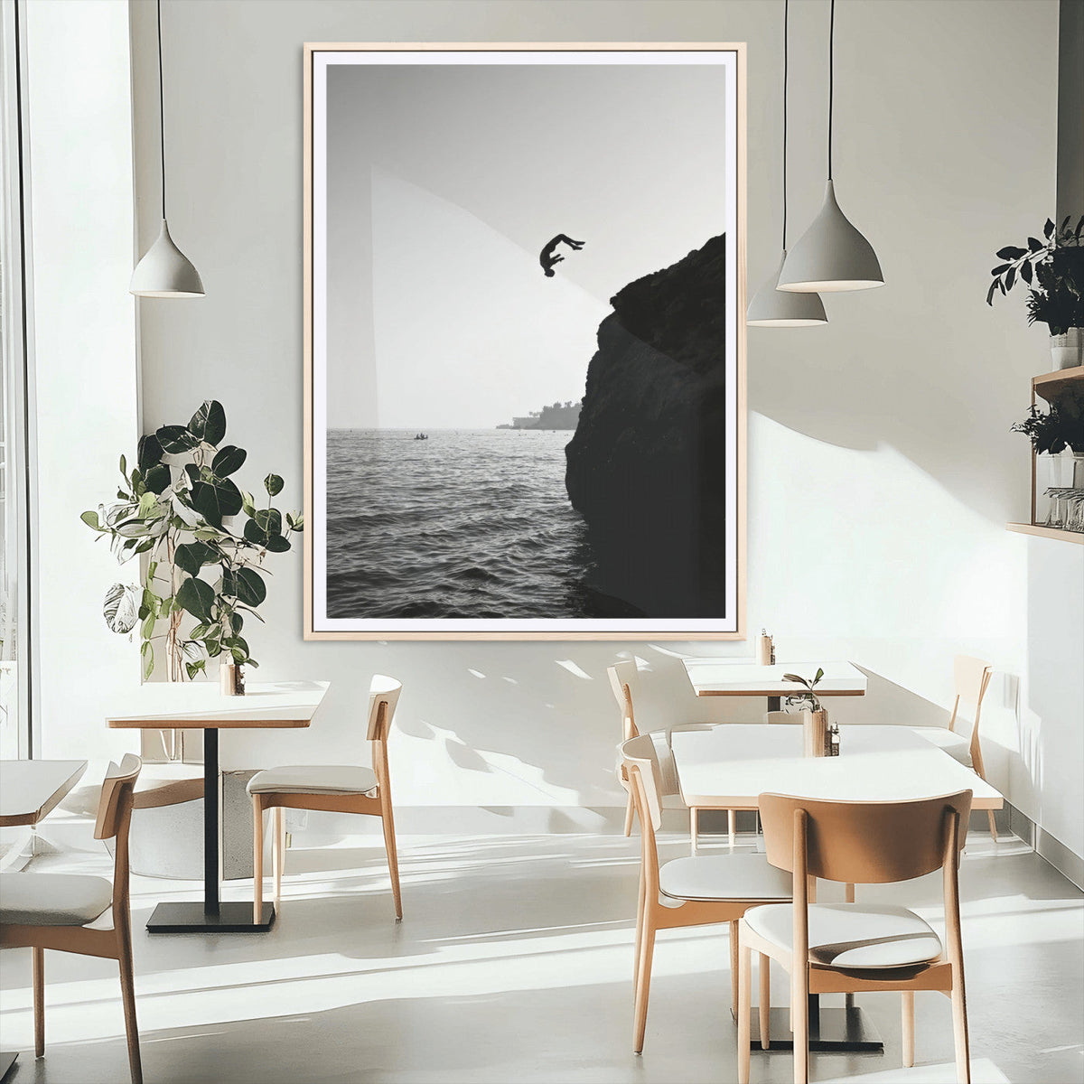 Silhouette Cliff Diver Wall Art | Framed Black White Ocean Canvas