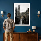 Moody Forest River Wall Art Canvas Print | Dark Evergreen Landscape