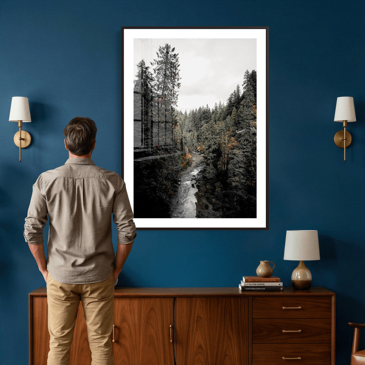 Moody Forest River Wall Art Canvas Print | Dark Evergreen Landscape