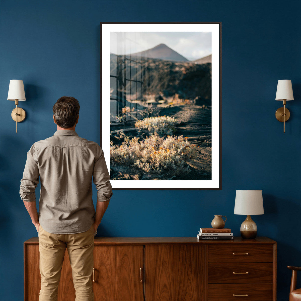 Desert Wall Art Canvas Print, Volcanic Landscape with Soft Wildflowers