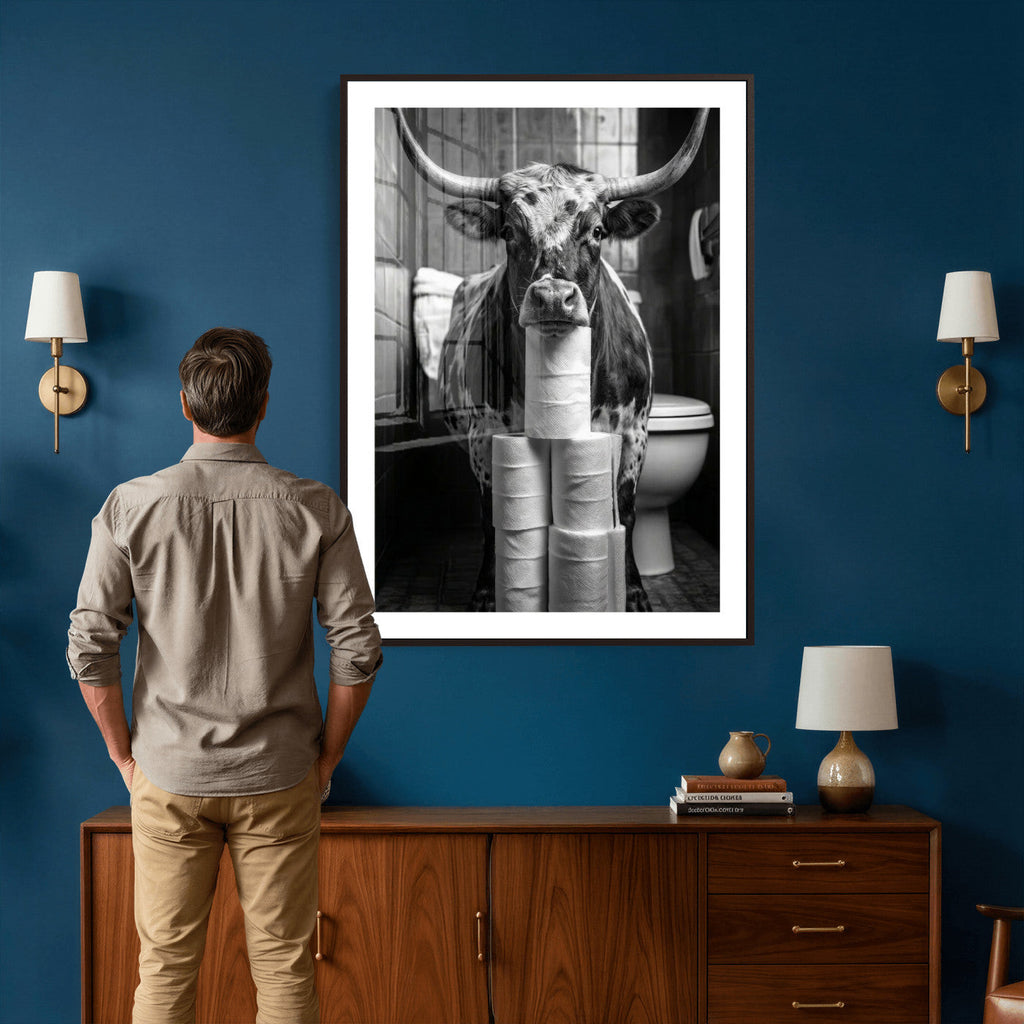 Texas Longhorn Cow Toilet Paper Canvas Wall Art, Funny Bathroom Decor