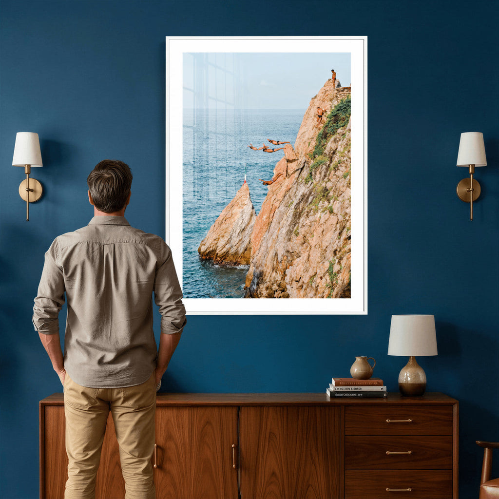 Cliff Dive Wall Art | Ocean Jump Canvas Print, Blue Sky