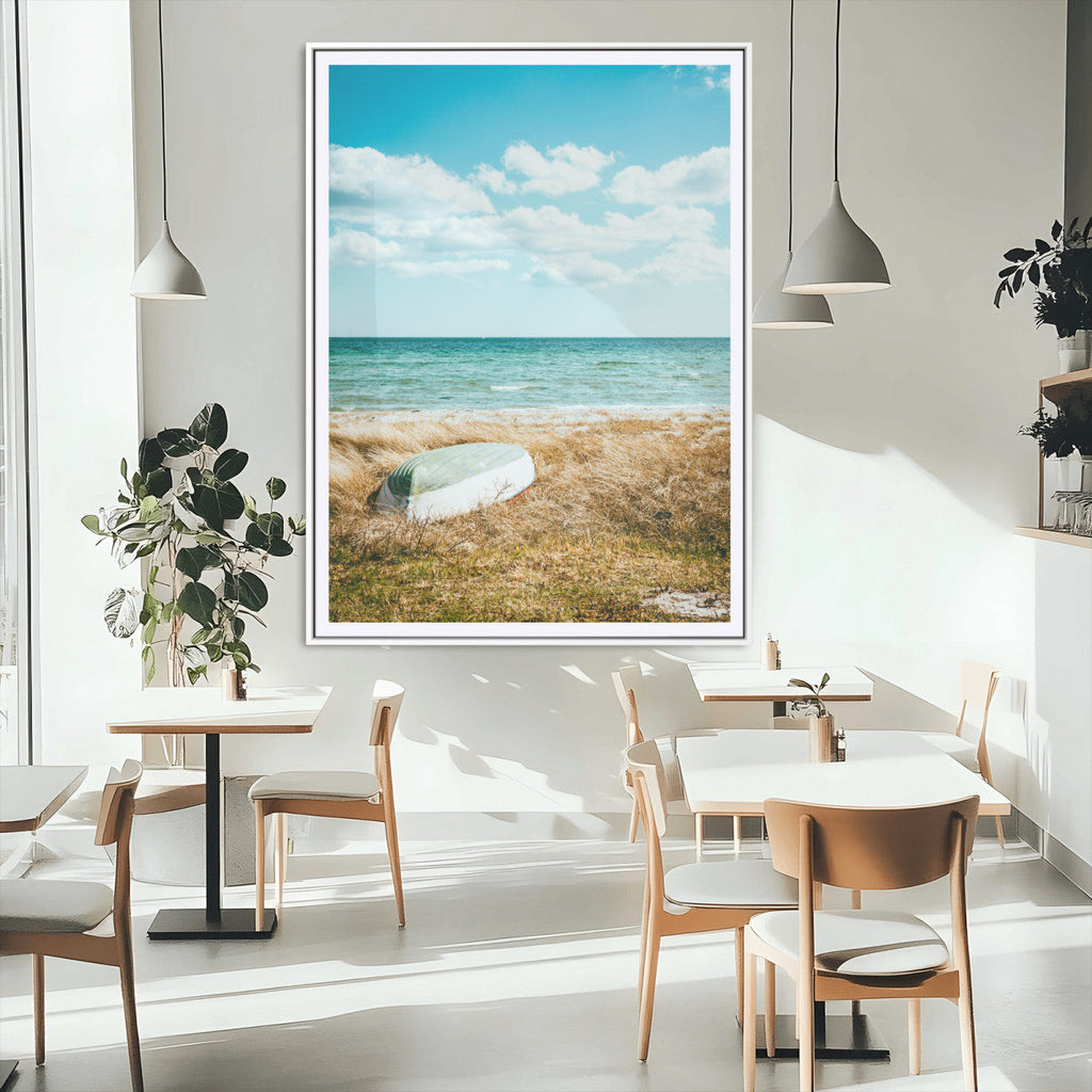 Coastal Serenity Wall Art Canvas Print, Framed Ocean View Art, Rustic Boat Nautical Coastal Decor