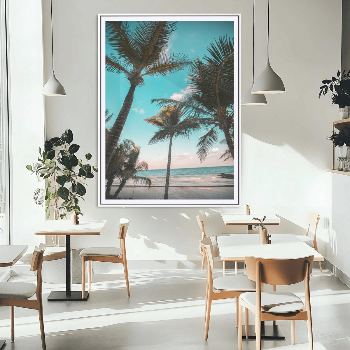 Palm Trees Wall Art Canvas Print, Framed Tropical Beach Art, Ocean Breeze Tropical Coastal Decor
