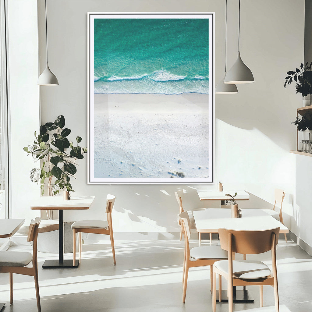 Turquoise Ocean Wall Art Canvas Print, Framed White Sand Shore Art, Gentle Waves Coastal Decor