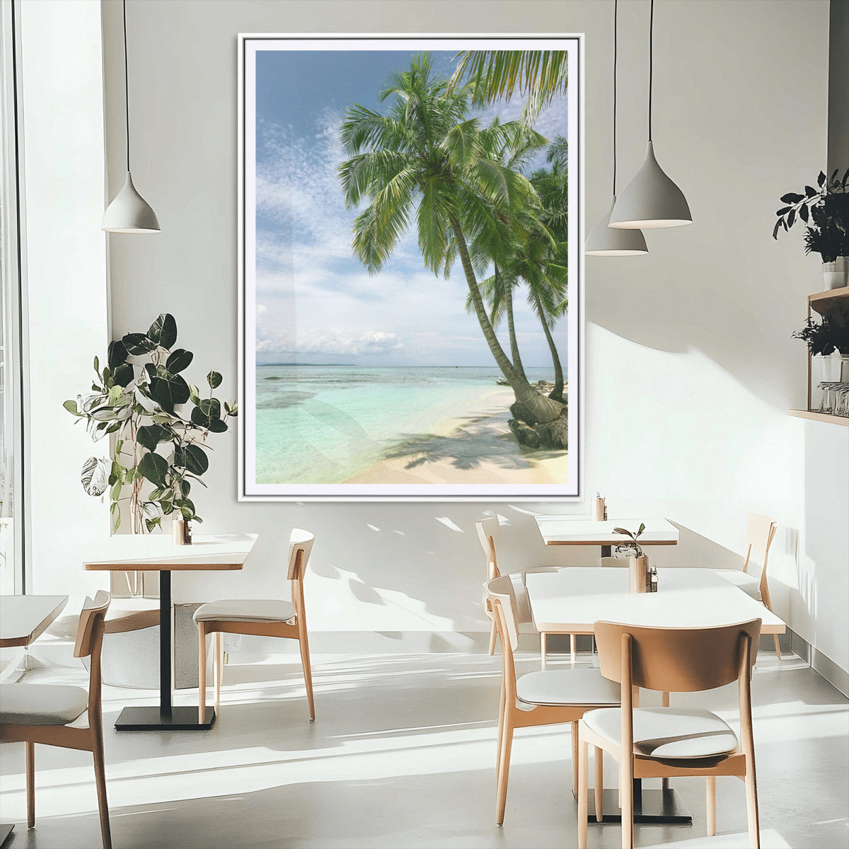 Tropical Beach Palm Trees Canvas Print, Framed Island Coastal Wall Art Ocean Horizon