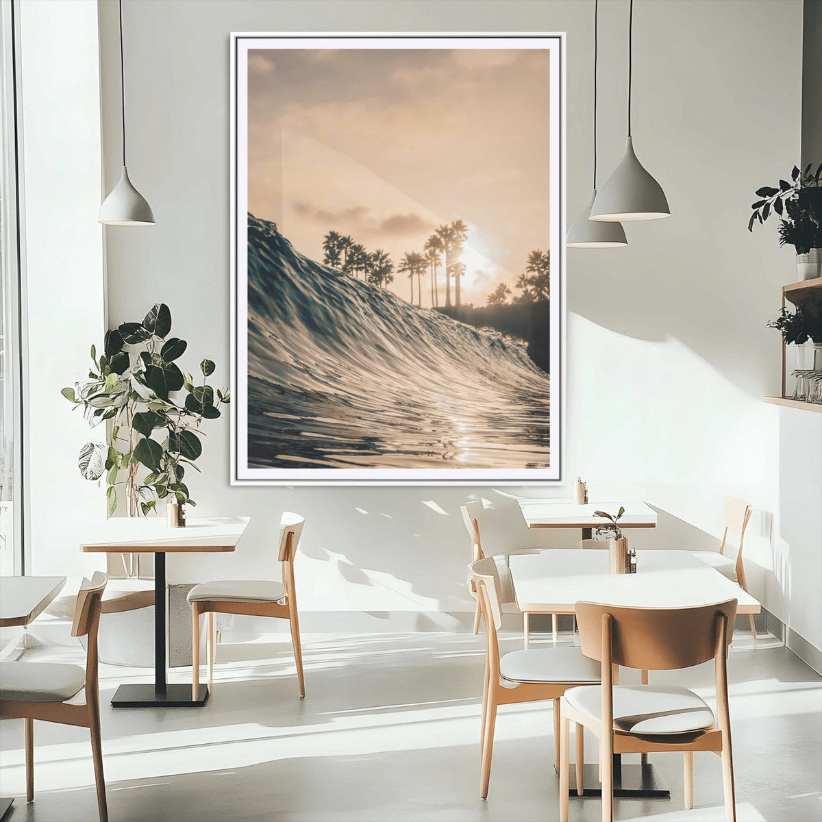 Sunset Wave Ocean Wall Art | Framed Palm Tree Canvas