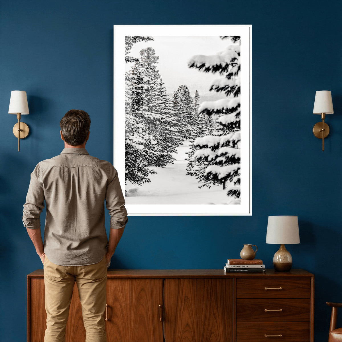 Winter Pine Forest Wall Art Canvas Print, Minimal Winter Landscape