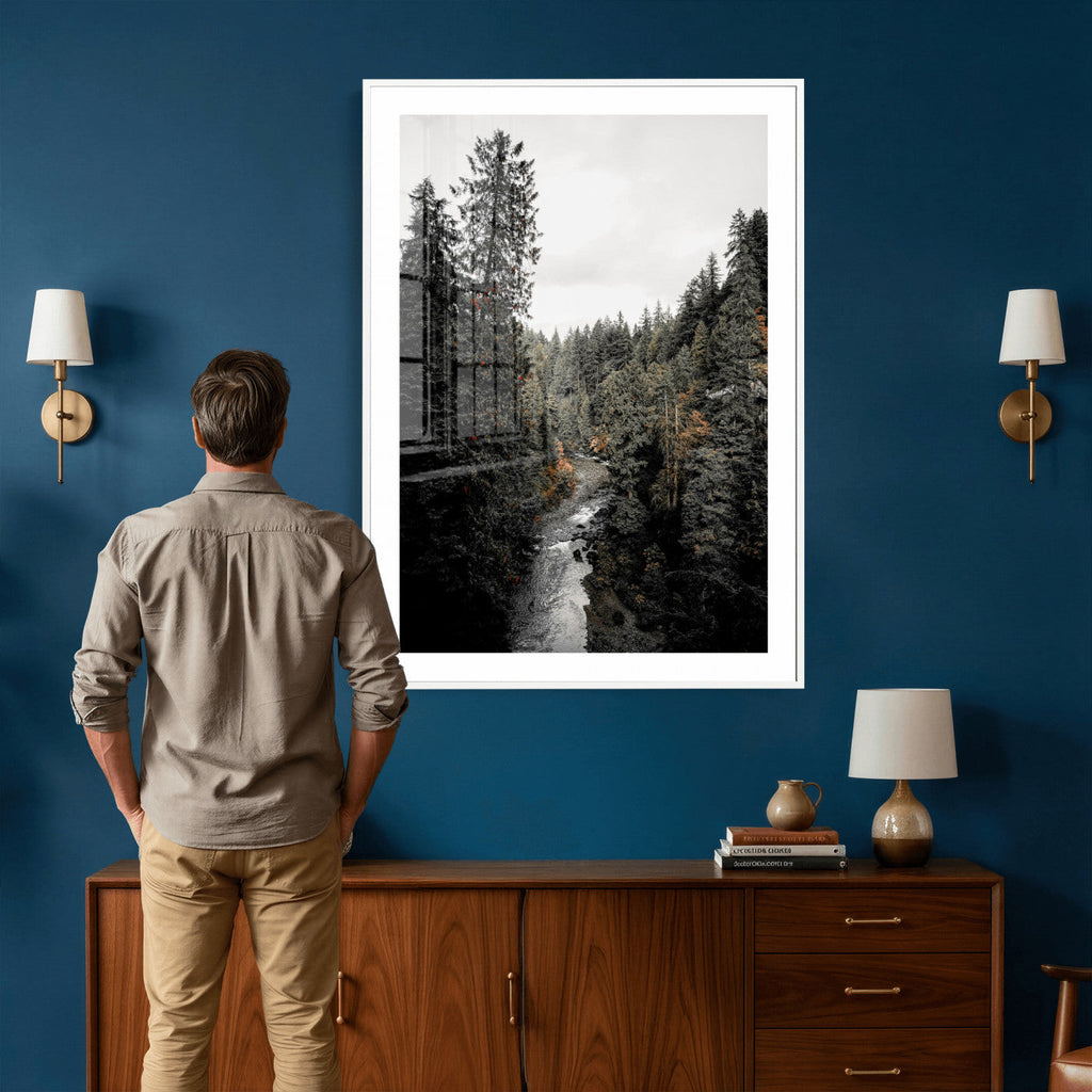 Moody Forest River Wall Art Canvas Print | Dark Evergreen Landscape