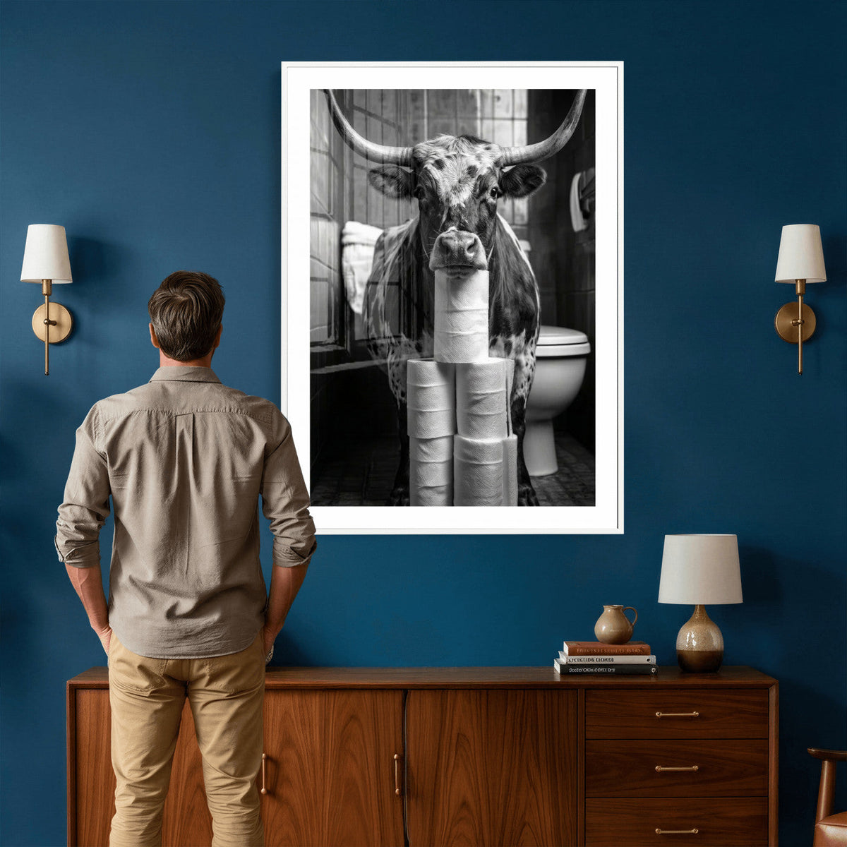 Texas Longhorn Cow Toilet Paper Canvas Wall Art, Funny Bathroom Decor