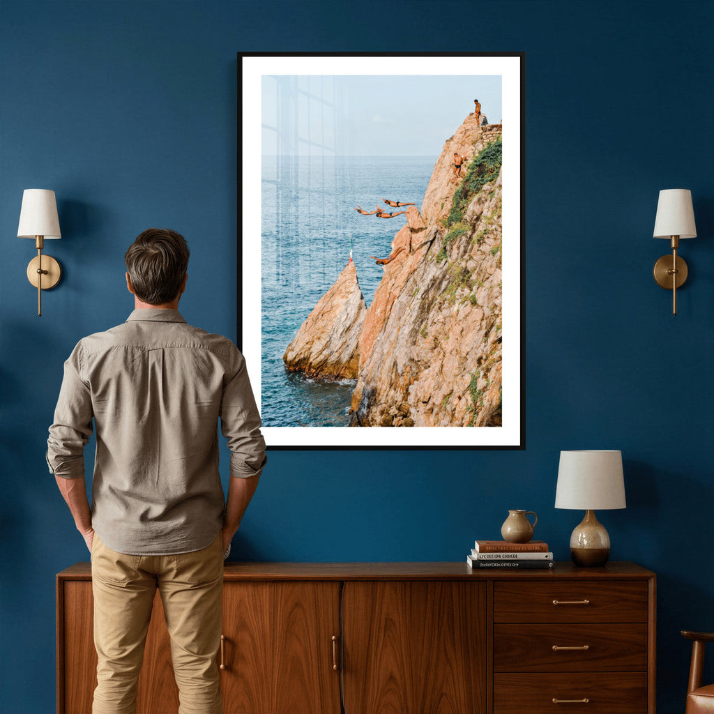 Cliff Dive Wall Art | Ocean Jump Canvas Print, Blue Sky