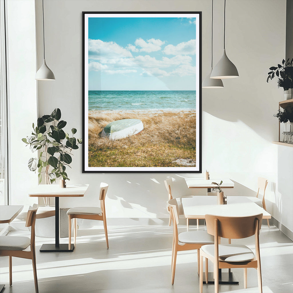 Coastal Serenity Wall Art Canvas Print, Framed Ocean View Art, Rustic Boat Nautical Coastal Decor