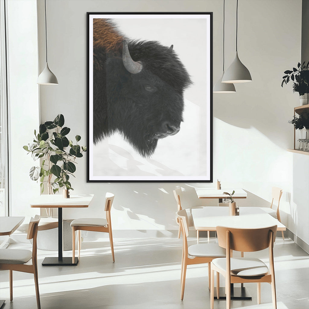 Western Rustic Wall Art Canvas Print, Framed Black and White Buffalo Photography, Wildlife Country Decor
