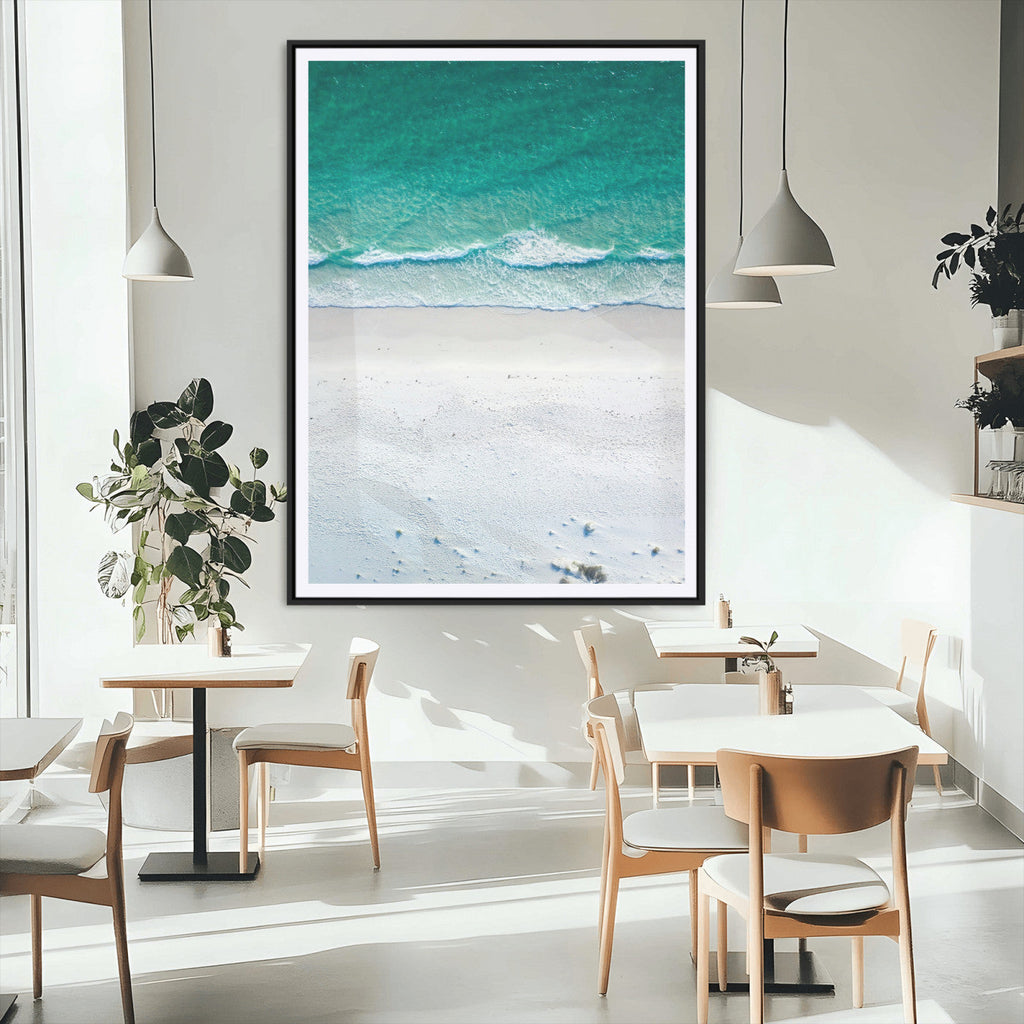 Turquoise Ocean Wall Art Canvas Print, Framed White Sand Shore Art, Gentle Waves Coastal Decor