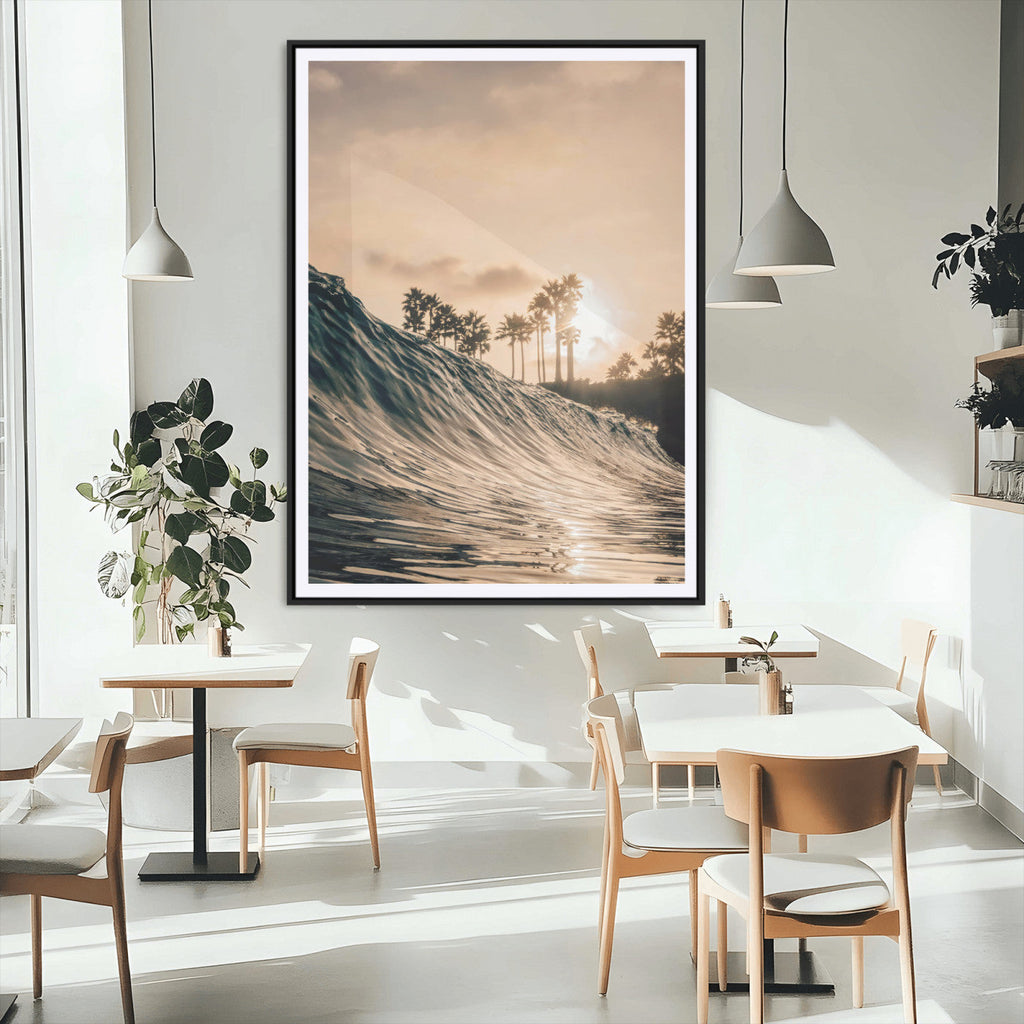 Sunset Wave Ocean Wall Art | Framed Palm Tree Canvas