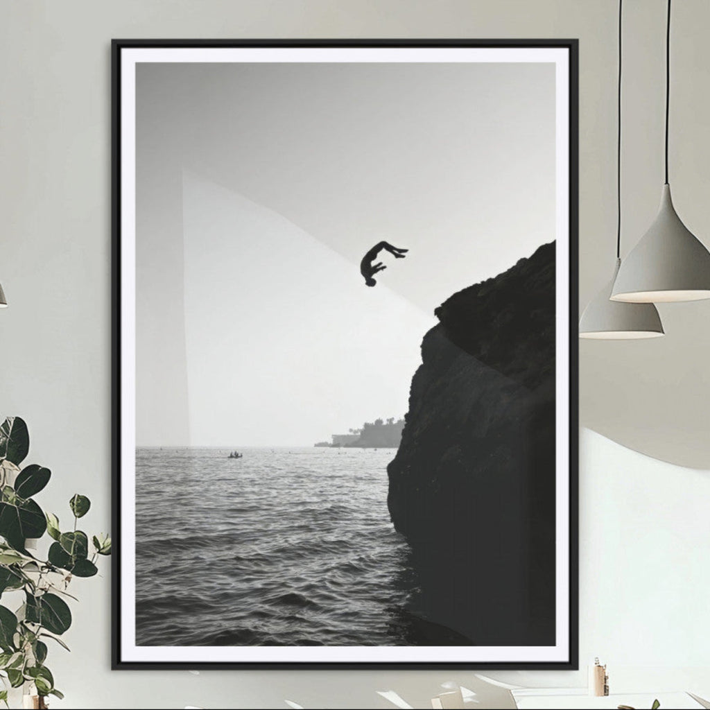 Silhouette Cliff Diver Wall Art | Framed Black White Ocean Canvas