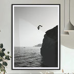 Silhouette Cliff Diver Wall Art | Framed Black White Ocean Canvas