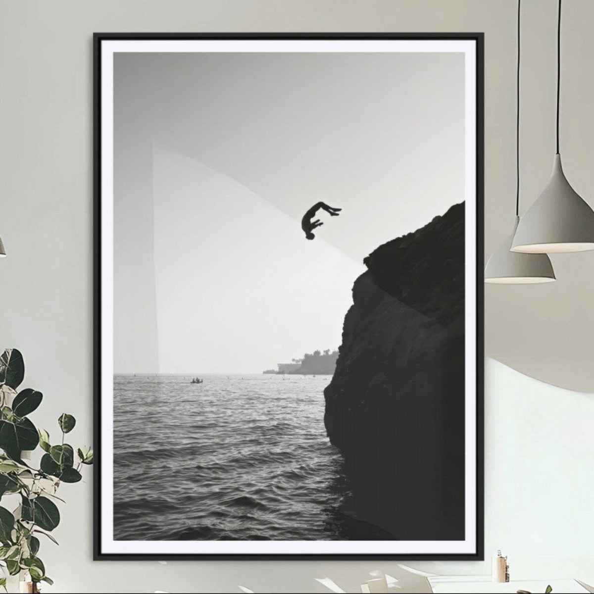 Silhouette Cliff Diver Wall Art | Framed Black White Ocean Canvas