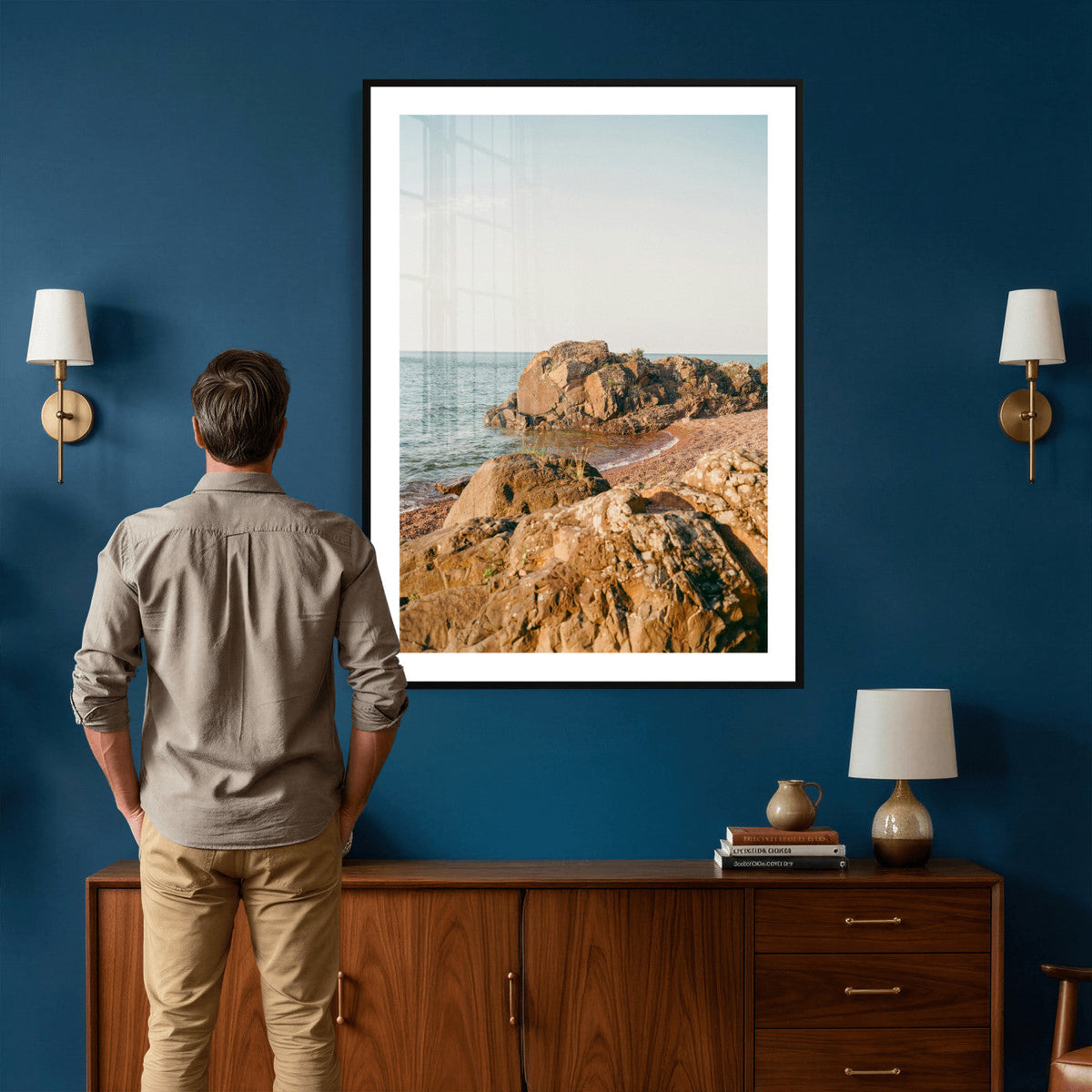 Rocky Coastline Wall Art Canvas Print, Minimal Coastal Landscape