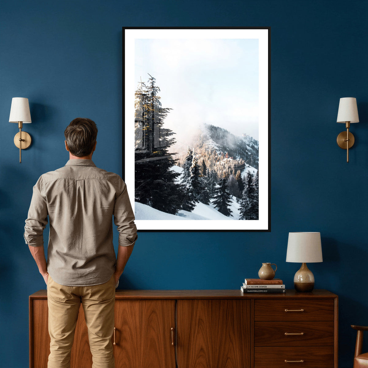 Snowy Mountain Forest Wall Art Canvas Print, Winter Pine Landscape