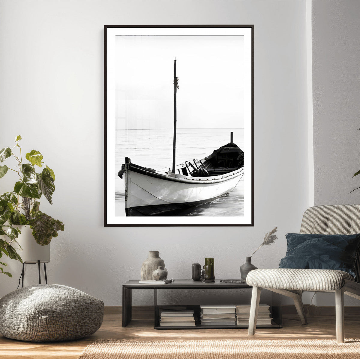 Minimal Boat Wall Art Canvas Print | Black and White Coastal Photography