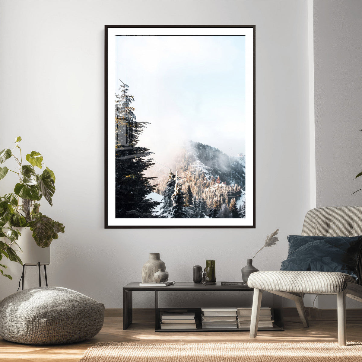 Snowy Mountain Forest Wall Art Canvas Print, Winter Pine Landscape
