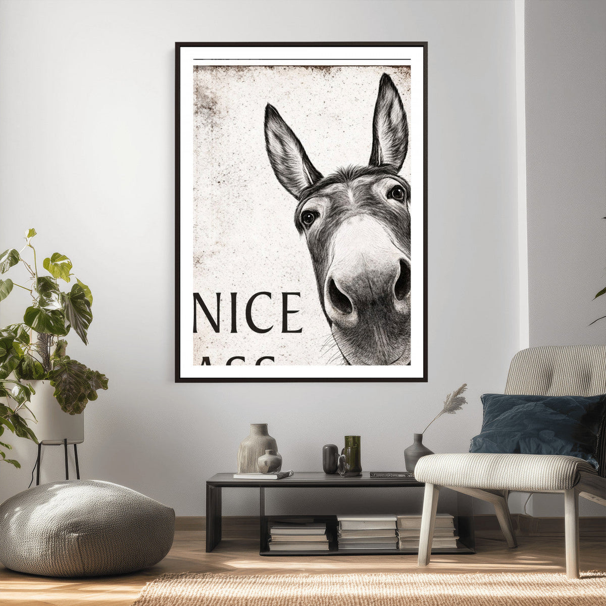 Funny Donkey Bathroom Wall Art Canvas Print, Nice Ass Farm Animal Sign