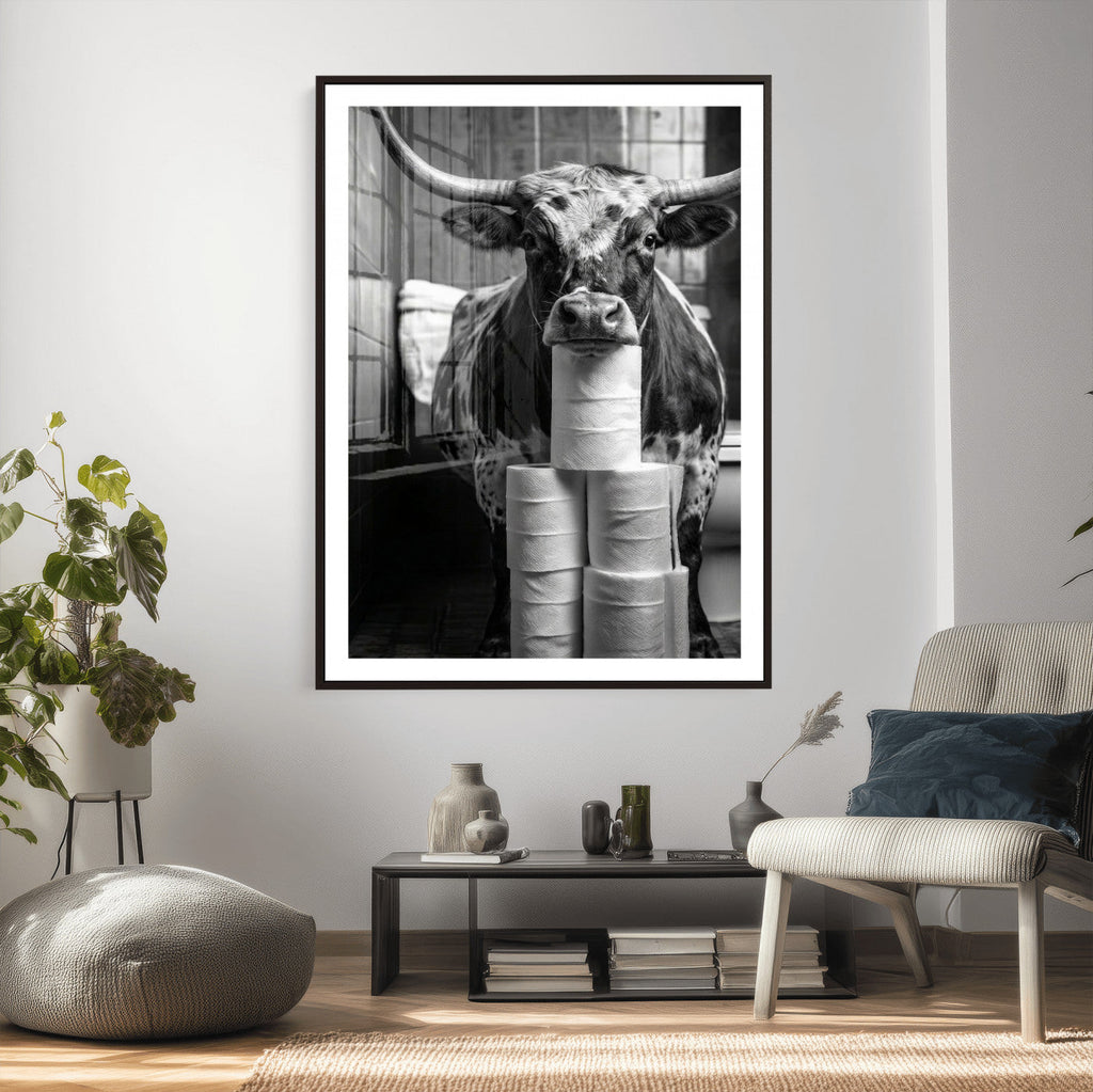 Texas Longhorn Cow Toilet Paper Canvas Wall Art, Funny Bathroom Decor