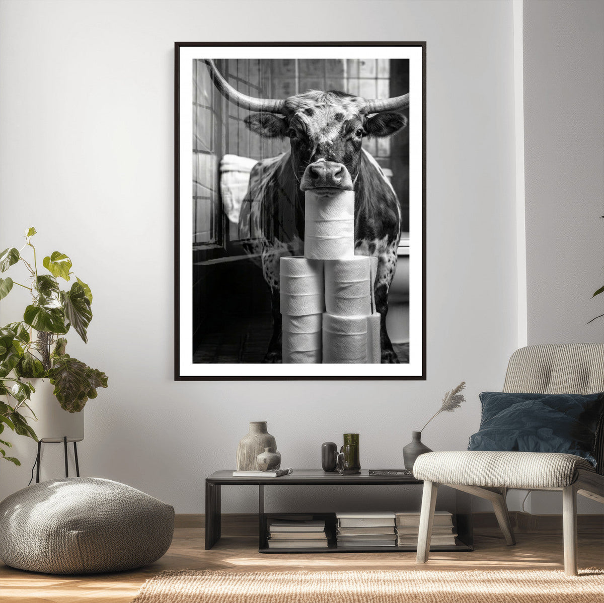 Texas Longhorn Cow Toilet Paper Canvas Wall Art, Funny Bathroom Decor