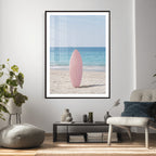 Pink Surfboard Canvas Wall Art, Minimalist Beach Photography