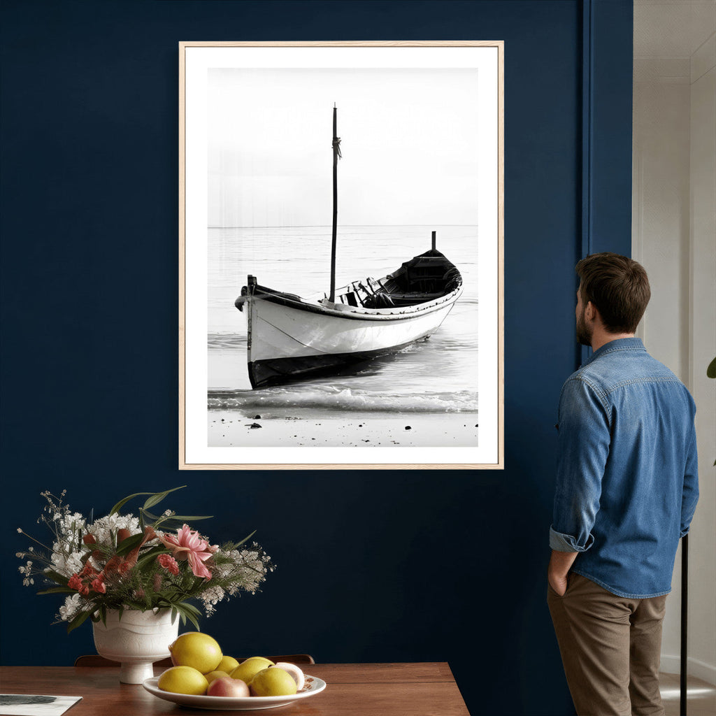 Minimal Boat Wall Art Canvas Print | Black and White Coastal Photography