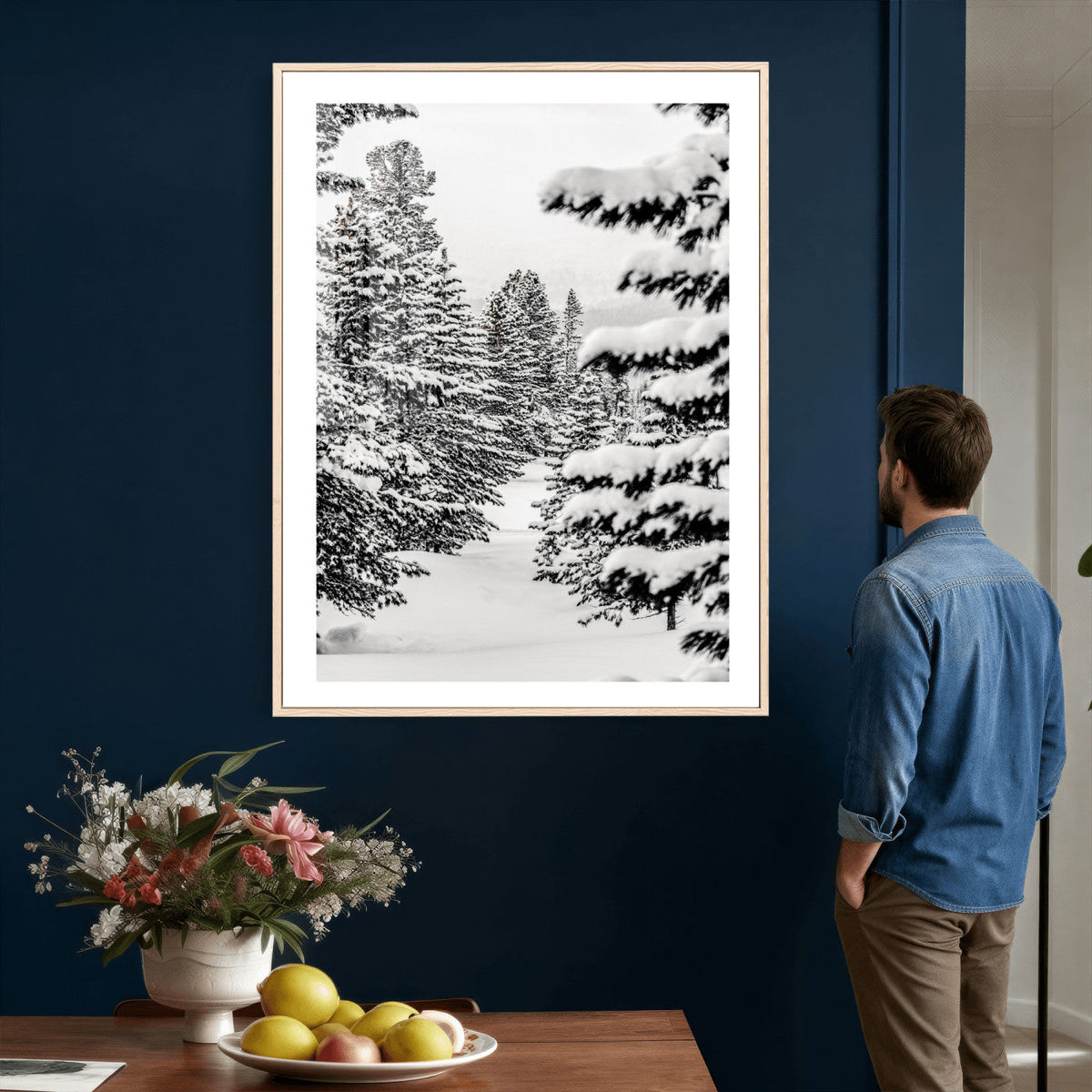 Winter Pine Forest Wall Art Canvas Print, Minimal Winter Landscape