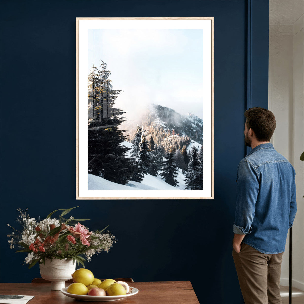 Snowy Mountain Forest Wall Art Canvas Print, Winter Pine Landscape