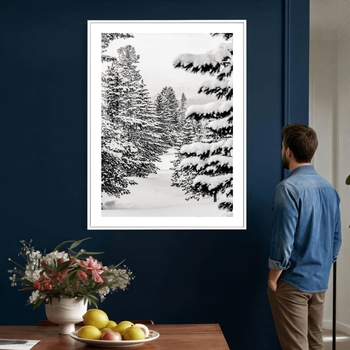 Winter Pine Forest Wall Art Canvas Print, Minimal Winter Landscape