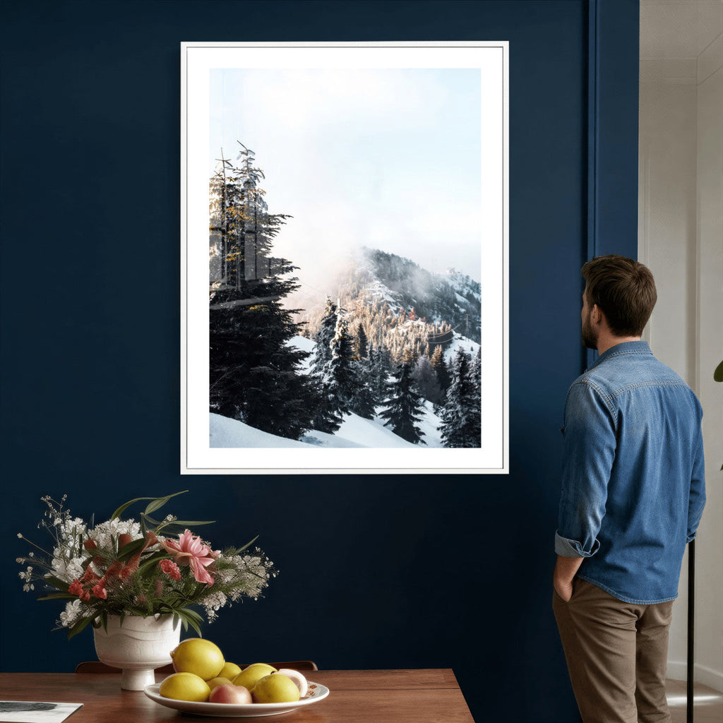 Snowy Mountain Forest Wall Art Canvas Print, Winter Pine Landscape