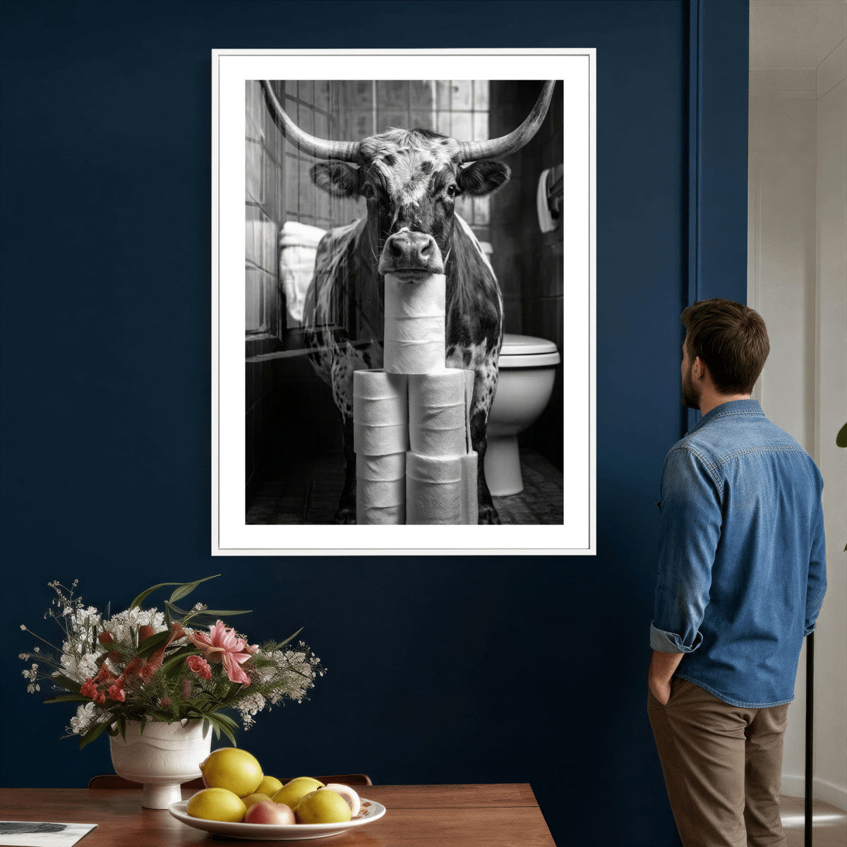 Texas Longhorn Cow Toilet Paper Canvas Wall Art, Funny Bathroom Decor