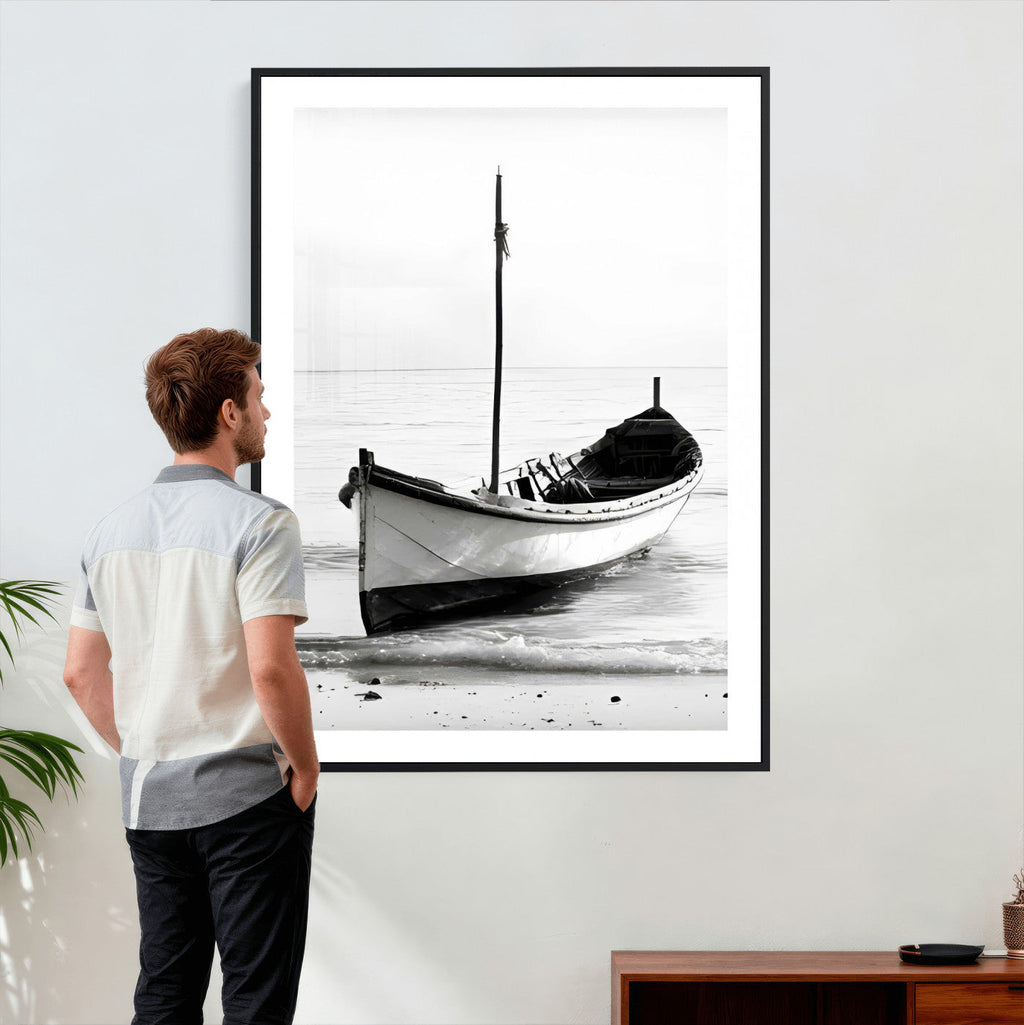 Minimal Boat Wall Art Canvas Print | Black and White Coastal Photography
