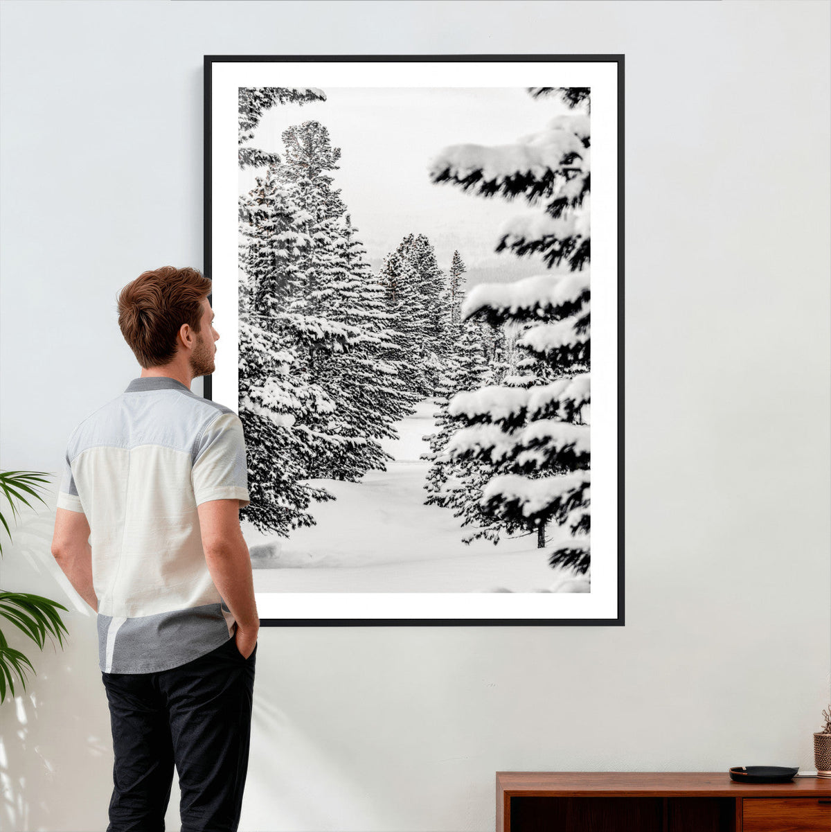 Winter Pine Forest Wall Art Canvas Print, Minimal Winter Landscape