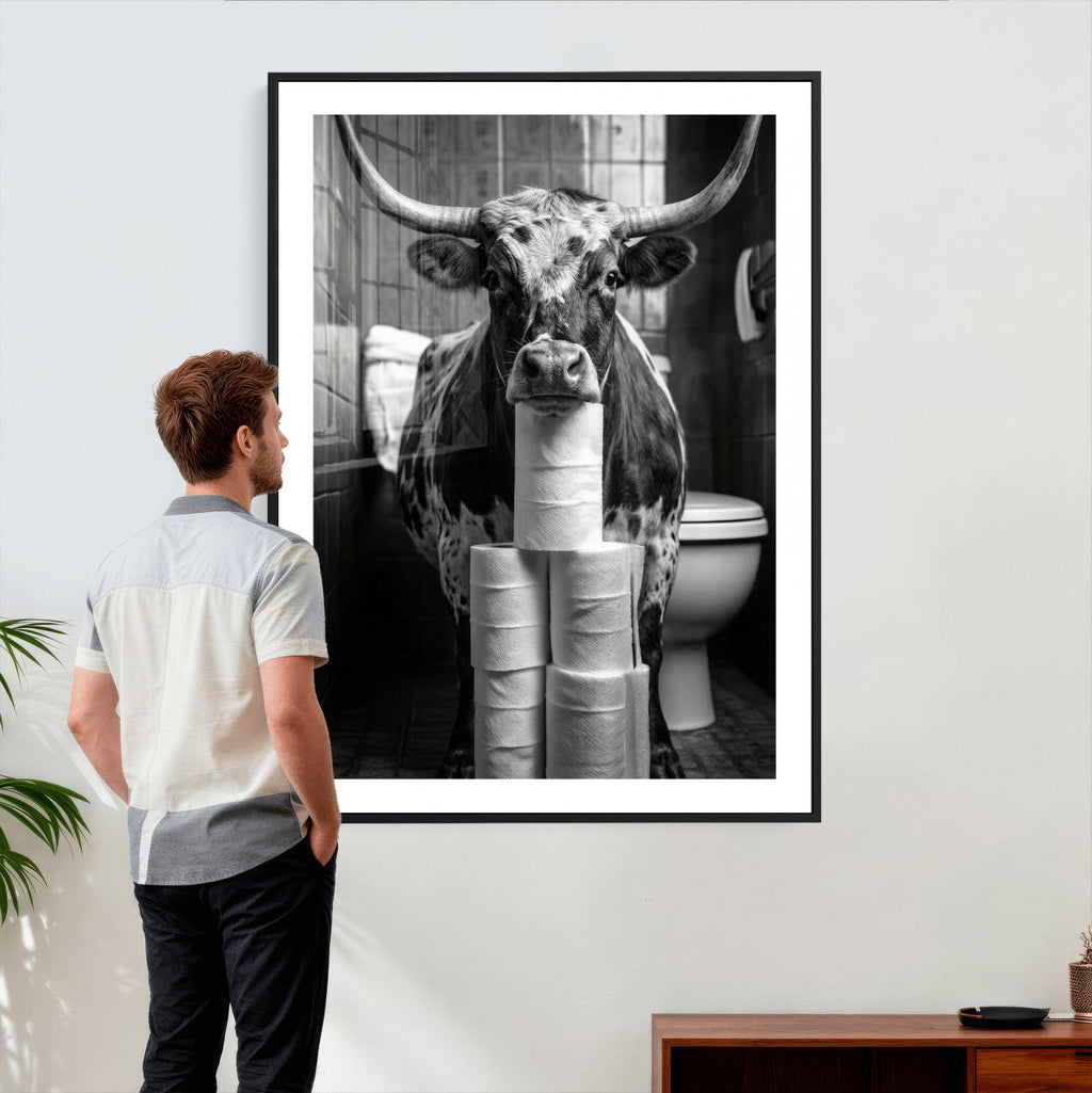 Texas Longhorn Cow Toilet Paper Canvas Wall Art, Funny Bathroom Decor